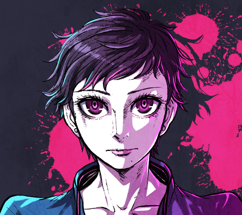 1girl, absurdres, akudama_drive, angelstarxiii, black_hair, collarbone, commentary, earrings, english_commentary, highres, jewelry, looking_at_viewer, mole, mole_under_mouth, multicolored_hair, pink_eyes, pink_hair, portrait, short_hair, solo, streaked_hair, stud_earrings, swindler_(akudama_drive)