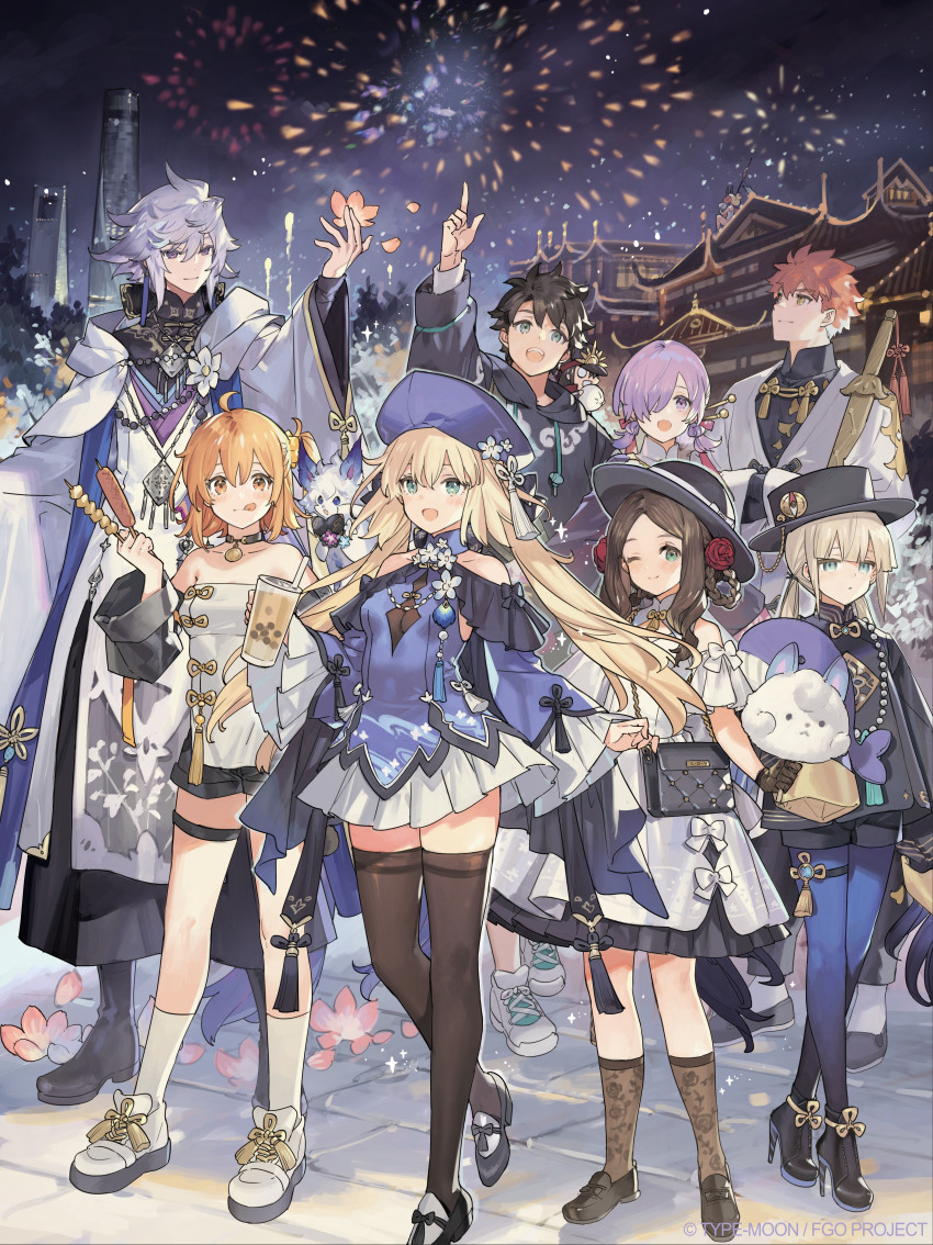 4boys, 4girls, :q, absurdres, ahoge, artoria_caster_(concept_dress)_(fate), artoria_caster_(fate), artoria_pendragon_(fate), bag, black_hair, blonde_hair, blue_eyes, breasts, brown_hair, captain_nemo_(concept_dress)_(fate), captain_nemo_(fate), copyright_notice, dress, emiya_shirou, fate/grand_order, fate_(series), flower, food, fou_(fate), fujimaru_ritsuka_(female), fujimaru_ritsuka_(female)_(concept_dress), fujimaru_ritsuka_(male), green_eyes, grey_hair, hair_ornament, hat, highres, leonardo_da_vinci_(concept_dress)_(fate), leonardo_da_vinci_(fate), leonardo_da_vinci_(fate/grand_order), leonardo_da_vinci_(rider)_(fate), long_hair, looking_at_viewer, mash_kyrielight, merlin_(concept_dress)_(fate), merlin_(fate), merlin_prismriver, mini_nobu_(fate), multiple_boys, multiple_girls, nemo_(fate), oda_nobunaga_(fate), official_art, one_eye_closed, open_mouth, orange_eyes, orange_hair, purple_eyes, purple_hair, red_hair, senji_muramasa_(concept_dress)_(fate), senji_muramasa_(fate), starshadowmagician, thighhighs, tongue, tongue_out, weapon, yellow_eyes