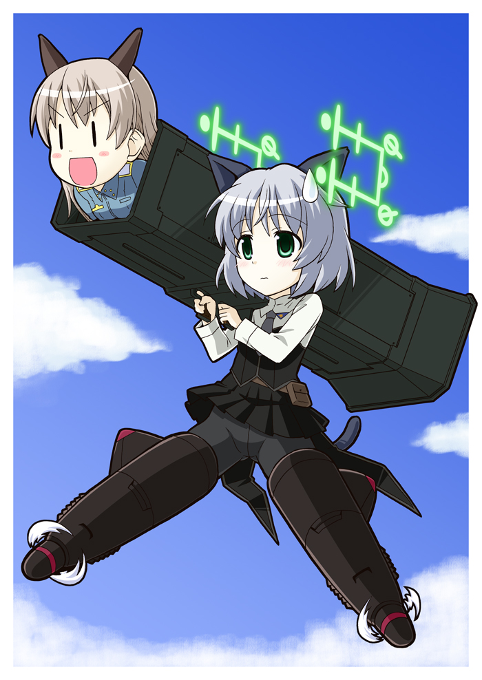 2girls, animal_ears, antennae, black_pantyhose, blonde_hair, blush, cat_ears, cat_tail, chibi, eila_ilmatar_juutilainen, green_eyes, hirschgeweih_antennas, long_hair, military, military_uniform, multiple_girls, necktie, pantyhose, rocket_launcher, sanya_v._litvyak, short_hair, silver_hair, strike_witches, striker_unit, sweatdrop, tail, weapon, world_witches_series, yuuma_(artist), yuuma_(skirthike)