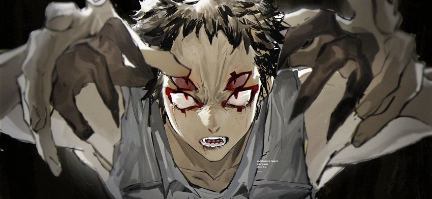 1boy, artist_name, black_background, black_hair, blood, blood_from_mouth, blurry, commentary