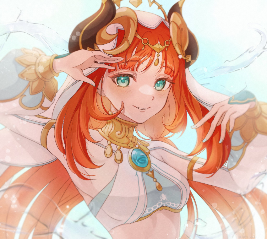 1girl, breasts, brooch, commentary_request, genshin_impact, green_eyes, hands_up, harem_outfit, high_collar, highres, horns, jewelry, long_sleeves, looking_at_viewer, low_twintails, midriff, nail_polish, nilou_(genshin_impact), parted_lips, puffy_long_sleeves, puffy_sleeves, red_hair, sindo_pink, small_breasts, smile, solo, twintails, upper_body, water