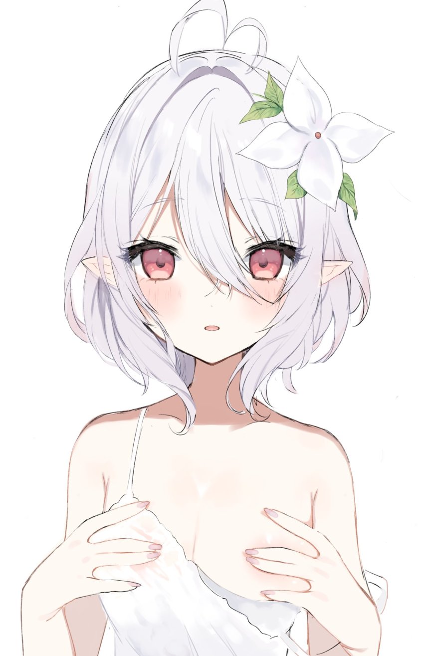 1girl, \||/, antenna_hair, bare_shoulders, blush, breasts, covered_erect_nipples, covering_breasts, covering_privates, double_\||/, elf, fingernails, flower, hair_between_eyes, hair_flower, hair_ornament, highres, kokkoro_(princess_connect!), nail_polish, off_shoulder, open_mouth, pink_eyes, pink_nails, pointy_ears, princess_connect!, short_hair, small_breasts, solo, tank_top, upper_body, white_background, white_hair, yupi_(yuyupiko01)