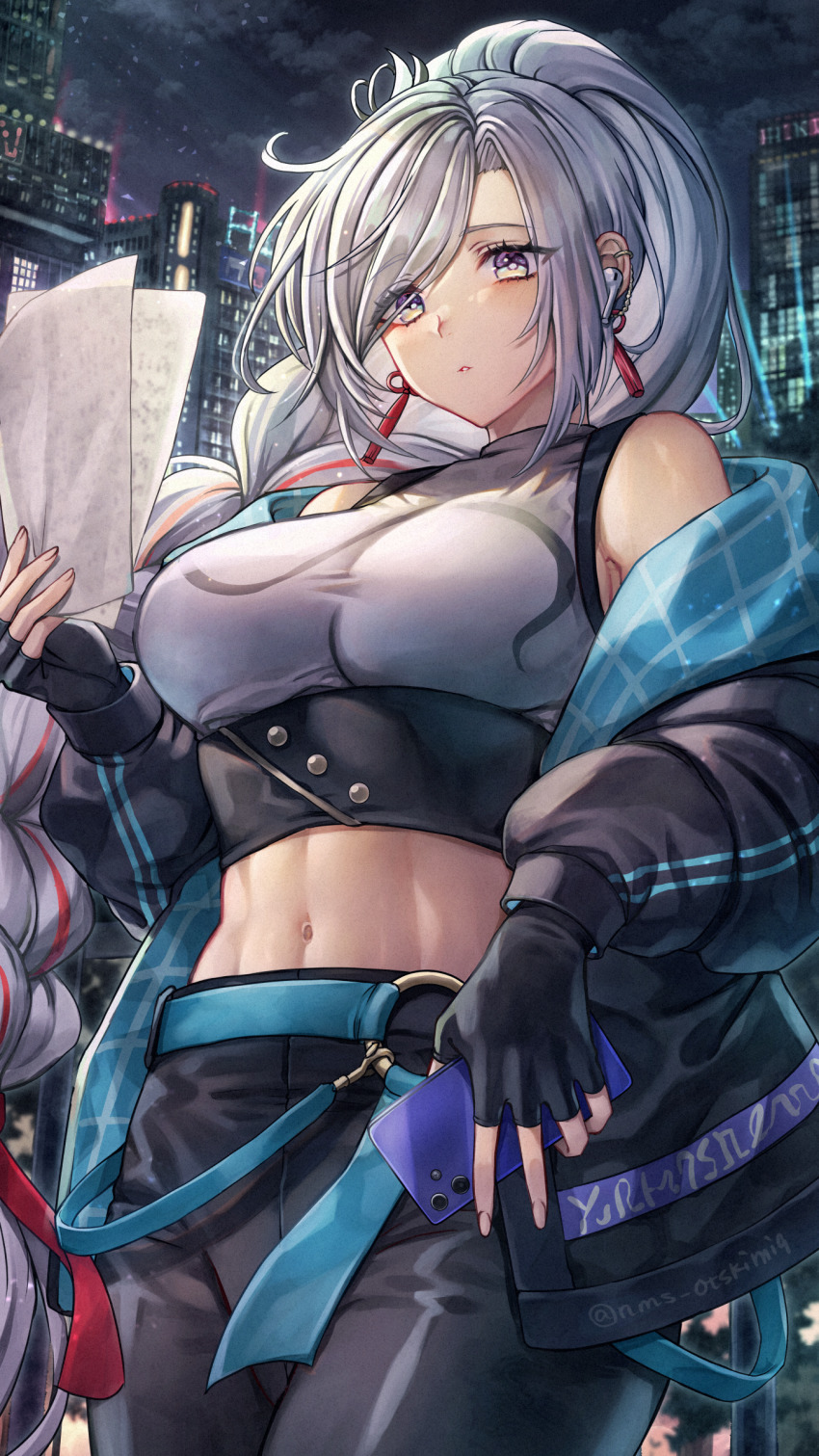 1girl, absurdres, black_gloves, black_pants, blue_eyes, braid, breasts, cellphone