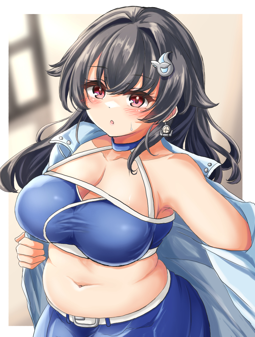 1girl, bandeau, belt, black_hair, blue_bandeau, blush, breasts, cleavage