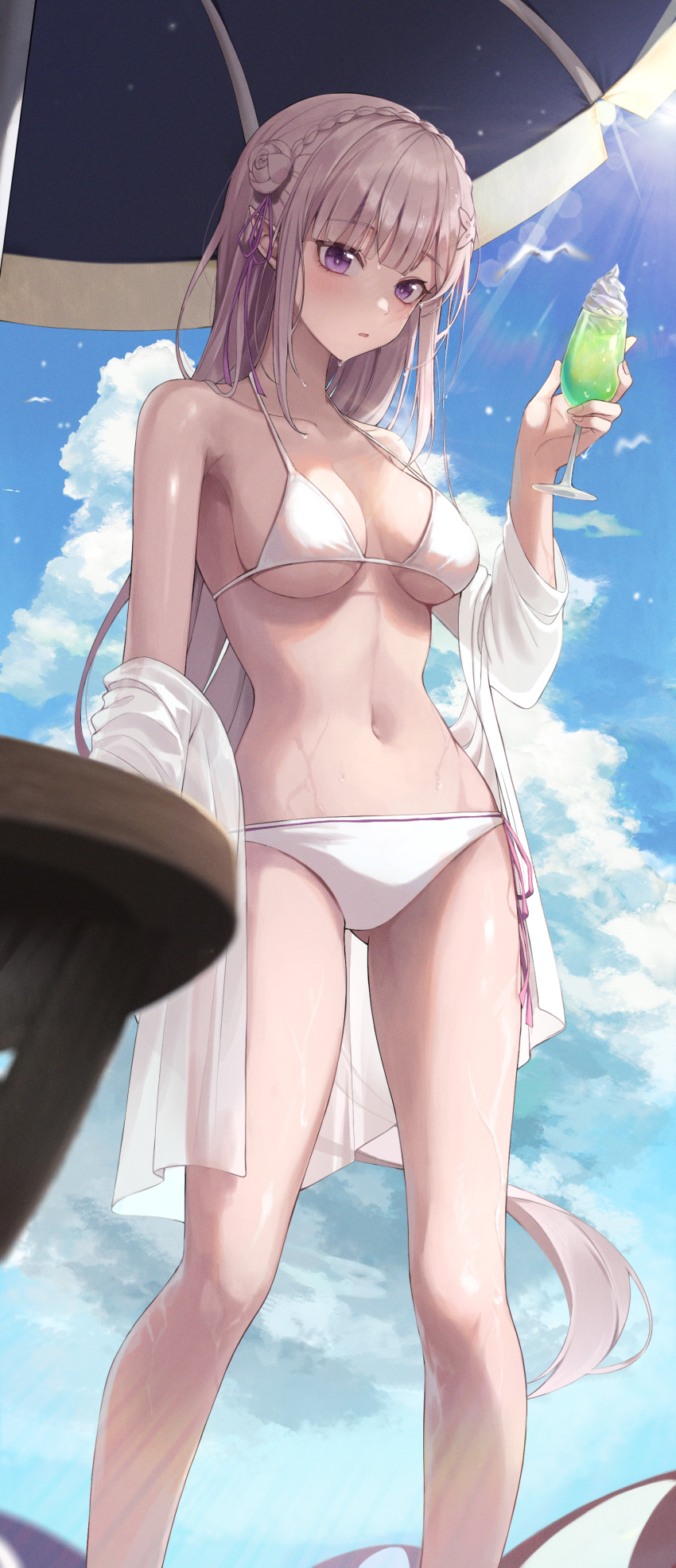 1girl, absurdres, bare_shoulders, beach_umbrella, bikini, blue_sky, blunt_bangs, braid, breasts, collarbone, commentary_request, crown_braid, cup, day, drinking_glass, emilia_(re:zero), feet_out_of_frame, grey_hair, hand_up, highres, holding, holding_cup, large_breasts, long_hair, long_sleeves, looking_at_viewer, navel, nea_(nea_77), off_shoulder, parted_lips, purple_eyes, re:zero_kara_hajimeru_isekai_seikatsu, shirt, sky, solo, standing, stomach, swimsuit, thighs, umbrella, very_long_hair, whipped_cream, white_bikini, white_shirt