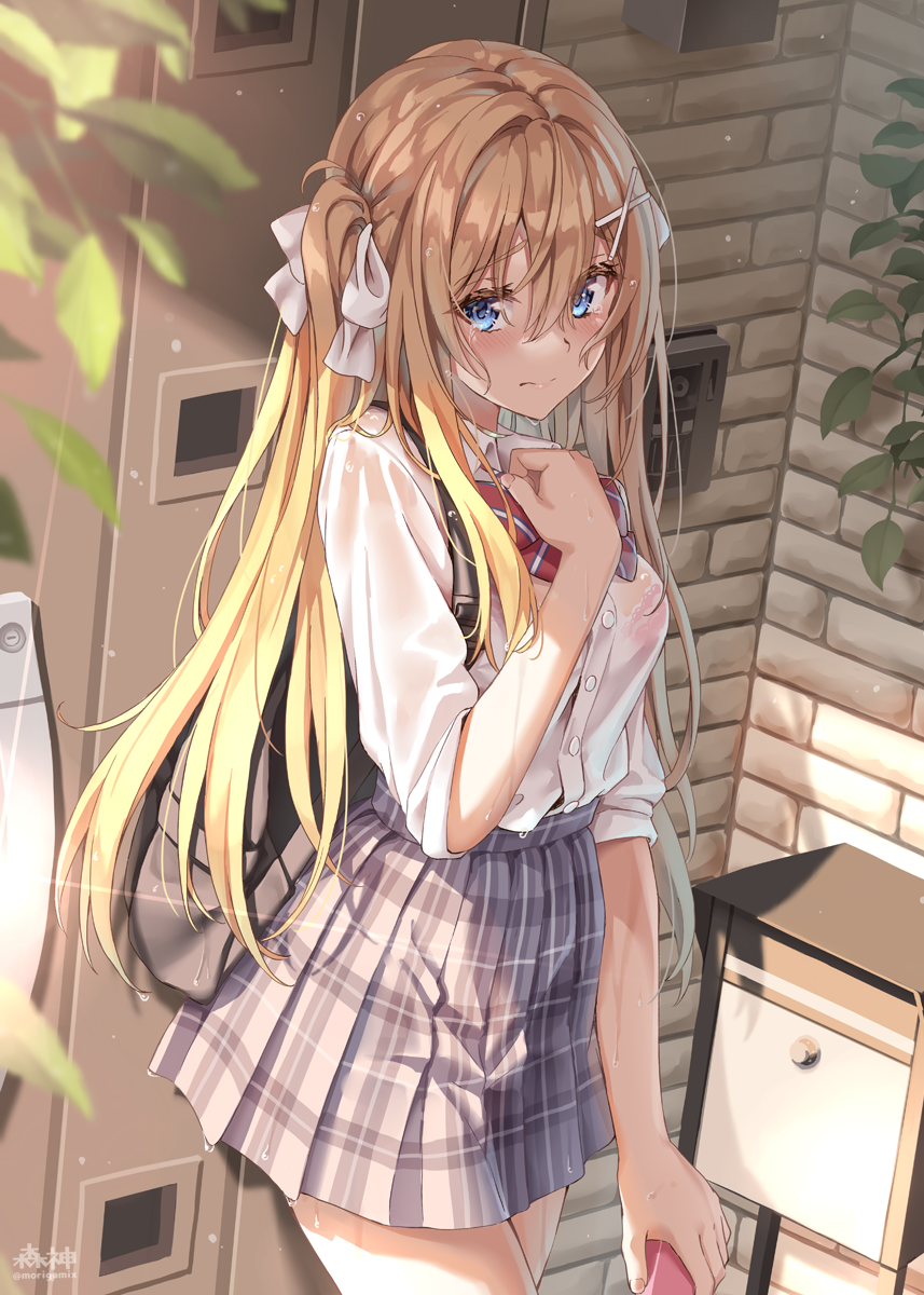 1girl, blonde_hair, blue_eyes, bow, bowtie, bra, bra_visible_through_clothes, closed_mouth