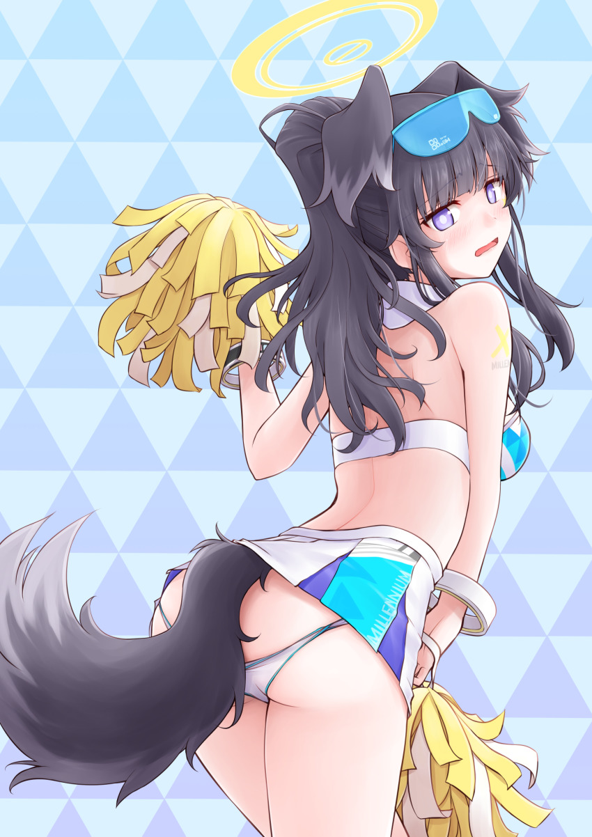 1girl, animal_ears, ass, bare_shoulders, bent_over, black_hair, blue_archive, blush