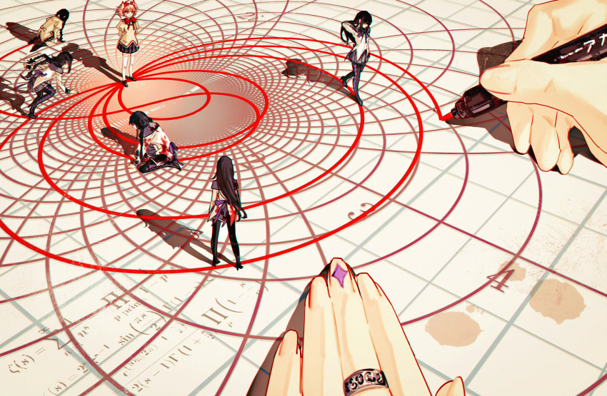 6+girls, absurdres, akemi_homura, all_fours, argyle_clothes, argyle_legwear, arms_behind_back, black_footwear, black_hair, black_skirt, blood, blood_on_clothes, boots, bow, bowtie, braid, canothy, chinese_commentary, commentary_request, drawing, equation, from_above, graph_paper, highres, holding, holding_marker, jacket, jewelry, juliet_sleeves, kaname_madoka, loafers, long_hair, long_sleeves, mahou_shoujo_madoka_magica, marker, math, mitakihara_school_uniform, multiple_girls, multiple_persona, neck_ribbon, out_of_frame, pink_hair, plaid_clothes, plaid_skirt, puffy_sleeves, purple_skirt, red_bow, red_bowtie, ribbon, ring, running, school_uniform, shadow, shoes, short_hair, short_twintails, size_difference, skirt, stain, standing, surreal, thigh_boots, thighhighs, twin_braids, twintails, walking, white_thighhighs, yellow_jacket