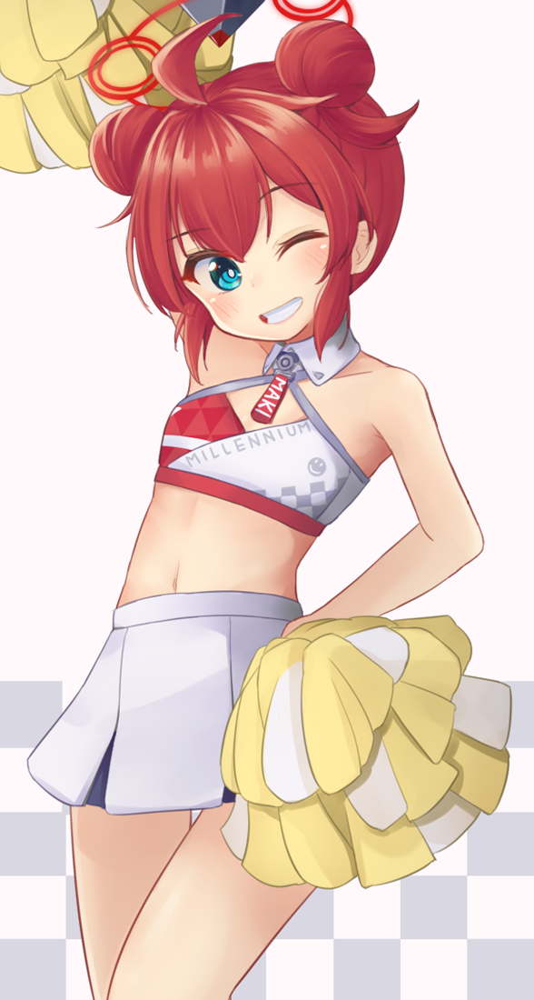 1girl, ;d, ahoge, arm_at_side, arm_up, bare_shoulders, blue_archive, blue_eyes