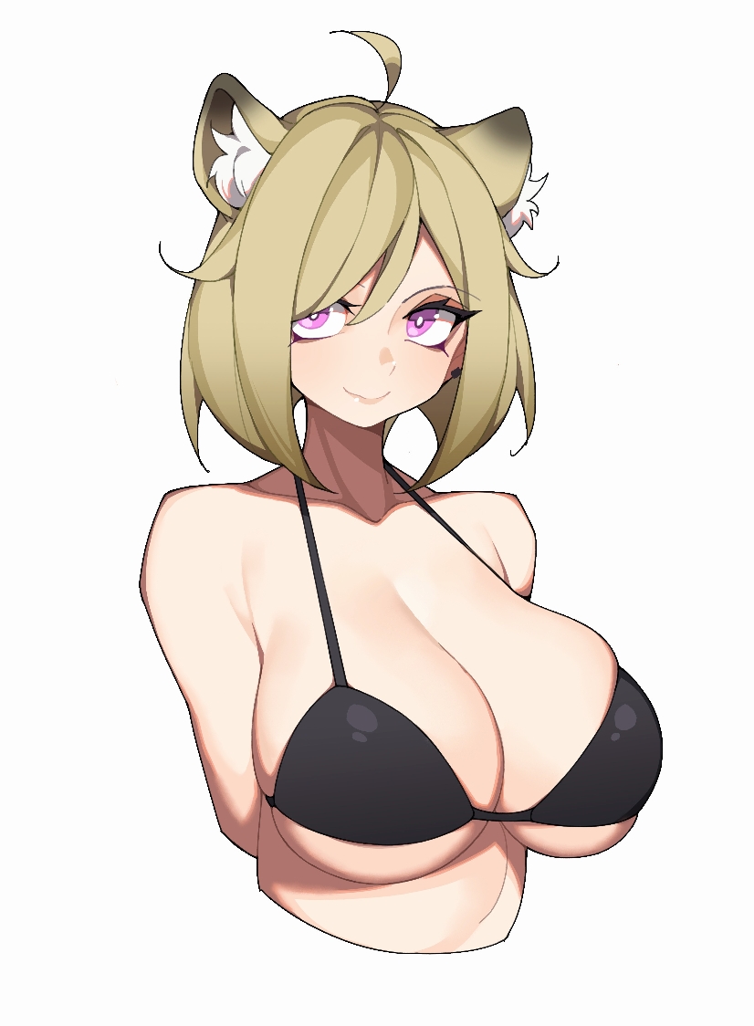1girl, ahoge, animal_ear_fluff, animal_ears, arknights, bare_shoulders, bikini, black_bikini