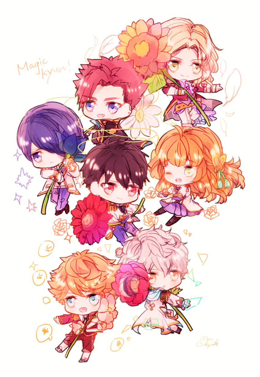 1girl, 6+boys, aigisaki_kohana, anjou_louis, black_hair, blonde_hair, blue_eyes, blue_hair, butterfly_hair_ornament, chibi, copyright_name, flower, grey_hair, hair_ornament, hair_over_one_eye, hibiki_kanato, highres, holding, holding_flower, ichijouji_teika, long_hair, magic-kyun!_renaissance, messy_hair, mo7kazu7, multiple_boys, orange_hair, purple_skirt, red_eyes, school_uniform, skirt, suminomiya_aoi, tatewaki_rintarou, tskushi_monet, white_background, yellow_eyes
