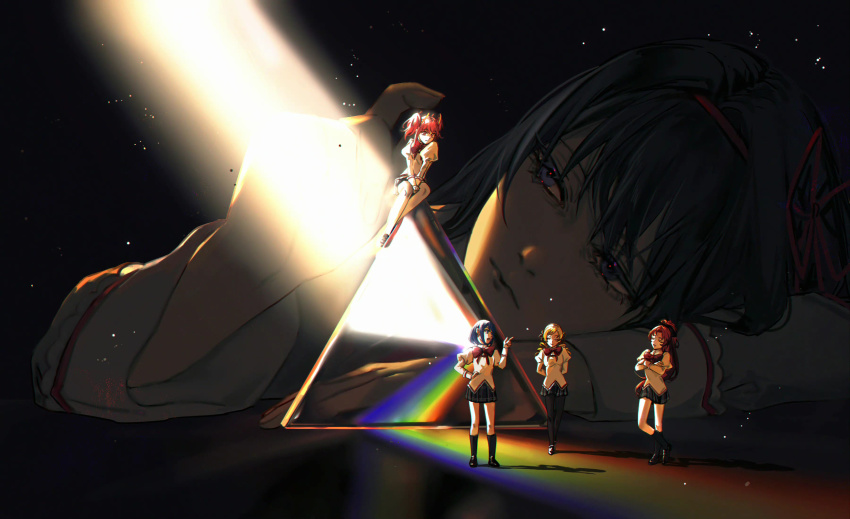 5girls, absurdres, akemi_homura, arms_behind_back, black_background, black_footwear, black_hair, black_pantyhose, black_skirt, black_socks, blonde_hair, blue_eyes, blue_hair, bow, bowtie, canothy, closed_eyes, commentary, crossed_arms, drill_hair, expressionless, hair_ribbon, hairband, hand_on_own_hip, head_on_arm, head_rest, high_ponytail, highres, index_finger_raised, jacket, juliet_sleeves, kaname_madoka, light_beam, light_particles, loafers, long_hair, long_sleeves, looking_at_another, mahou_shoujo_madoka_magica, miki_sayaka, mini_person, minigirl, mitakihara_school_uniform, multiple_girls, open_mouth, own_hands_together, pantyhose, pink_hair, plaid_clothes, plaid_skirt, ponytail, prism, puffy_sleeves, rainbow, red_bow, red_bowtie, red_hair, red_hairband, ribbon, sakura_kyoko, school_uniform, shoes, short_hair, short_twintails, sitting, size_difference, skirt, smile, socks, standing, tomoe_mami, twin_drills, twintails, v_arms, yellow_jacket