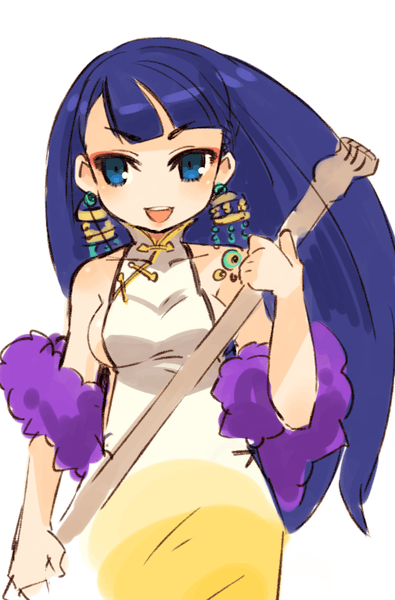 1girl, atlus, backscratcher, bare_shoulders, blue_eyes, blue_hair, chinese_clothes, earrings