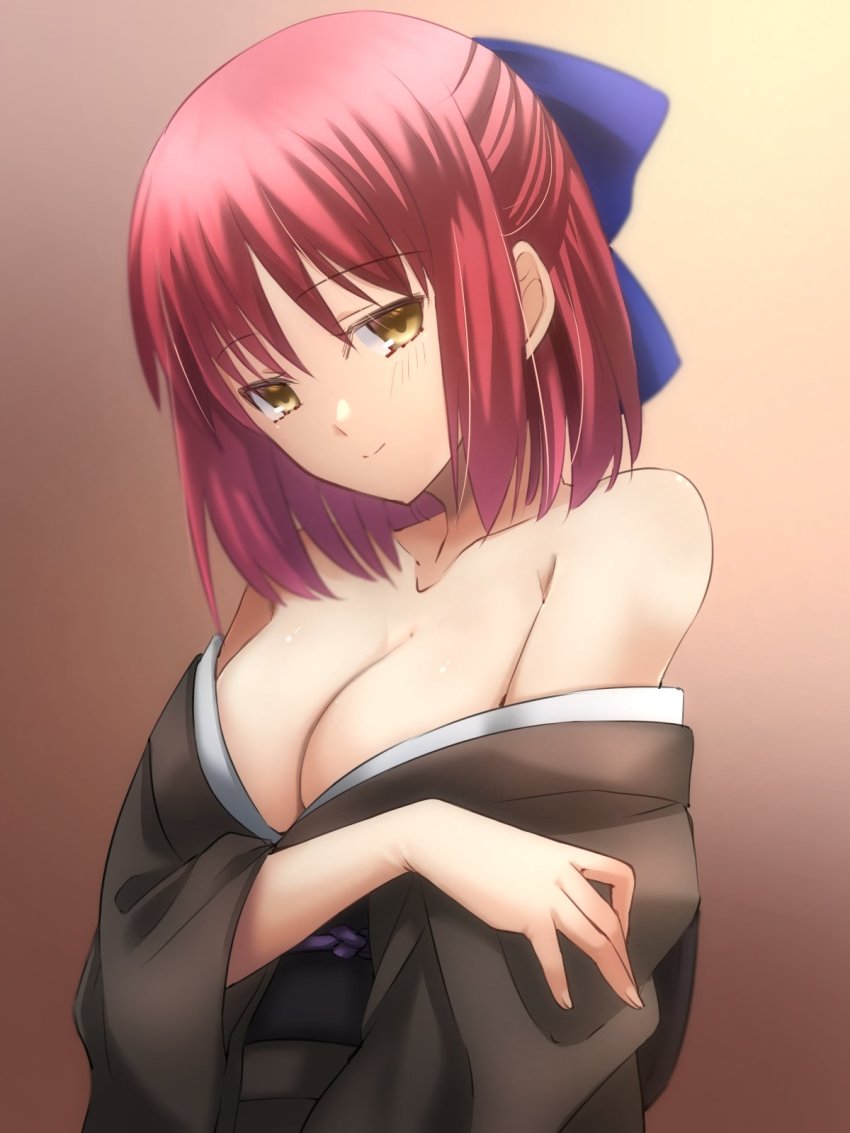 1girl, bare_shoulders, black_kimono, blue_bow, bow, breasts, cleavage, hair_bow