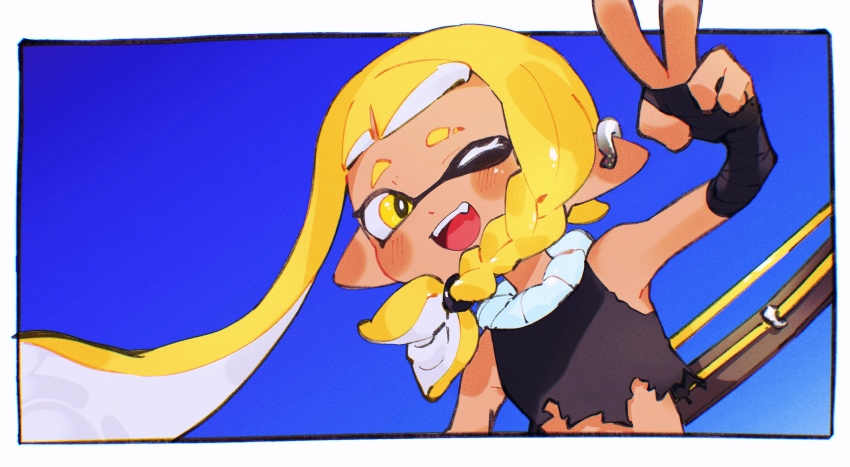 1girl, ;d, agent_3_(splatoon_3), asymmetrical_hair, bandaged_arm, bandaged_hand, bandages, bare_shoulders