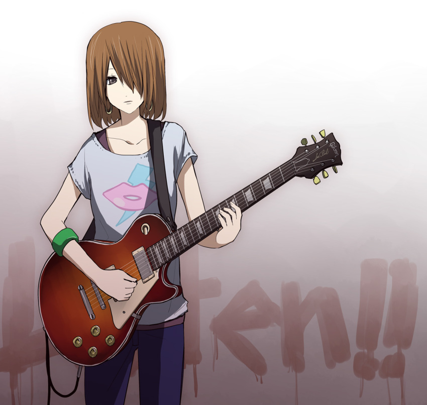 1girl, brown_hair, denim, earrings, female_focus, gradient_background, guitar, hair_over_one_eye, highres, hirasawa_yui, instrument, jeans, jewelry, k-on!, listen!!, pants, solo, utsui