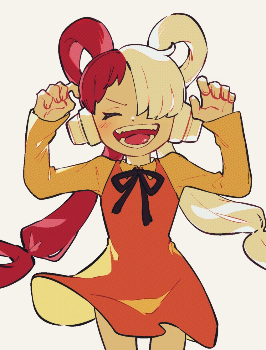 1girl, :d, ^_^, absurdres, aged_down, bare_legs, closed_eyes, collared_shirt, cowboy_shot, dress, fingernails, hair_over_one_eye, hair_rings, headphones, highres, inari1369, legs_apart, long_hair, long_sleeves, multicolored_hair, one_piece, one_piece_film:_red, open_mouth, orange_dress, purple_ribbon, red_hair, ribbon, shirt, simple_background, smile, solo, split-color_hair, teeth, twintails, two-tone_hair, undershirt, uta_(one_piece), v-shaped_eyebrows, white_background, white_hair, yellow_shirt