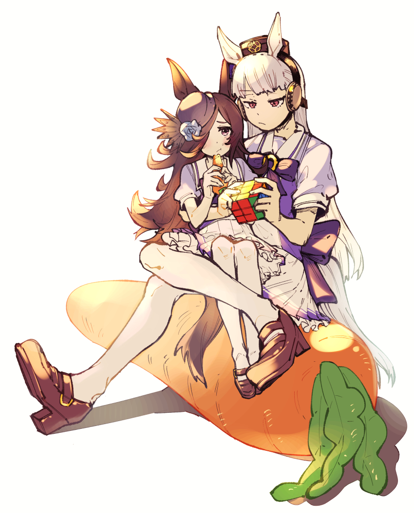 2girls, :t, absurdres, animal_ears, blue_flower, bow, bowtie, brown_footwear