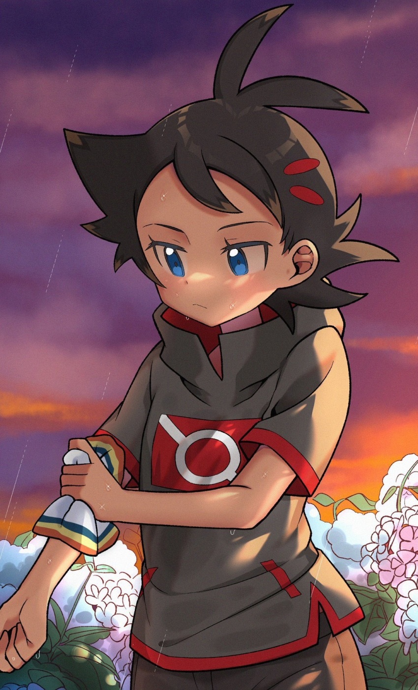 1boy, antenna_hair, black_hair, blue_eyes, bulge, chibaqen, dark-skinned_male, dark_skin