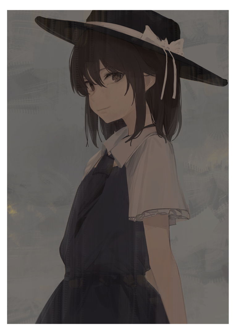 1girl, black_hat, black_skirt, border, bow, brown_eyes, brown_hair, capelet