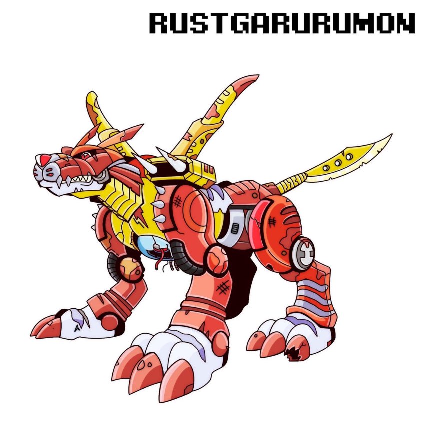 claws, damaged, digimon, highres, metalgarurumon_(red), original, red_eyes, spikes
