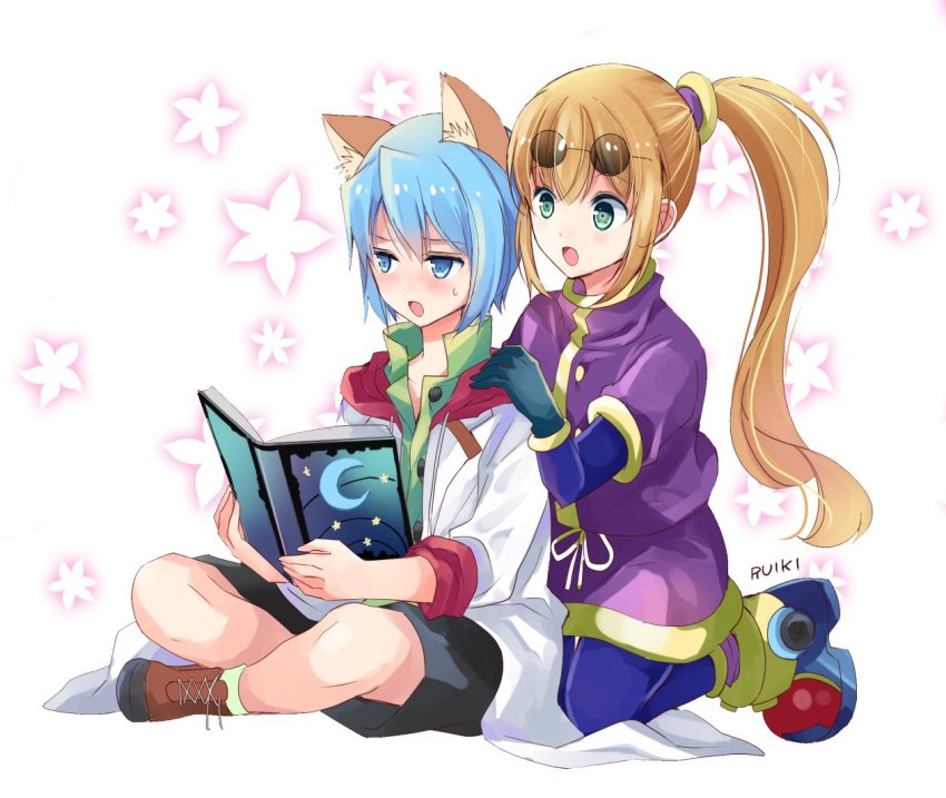 1boy, 1girl, animal_ears, blue_eyes, blue_hair, blush, book, brown_hair, cat_ears, crescent_moon, eyewear_on_head, full_body, gloves, green_eyes, lab_coat, leon_geeste, long_hair, moon, open_mouth, pantyhose, ponytail, precis_neumann, ruiki_(fkhv7527), shorts, simple_background, skirt, star_(symbol), star_ocean, star_ocean:_the_second_story