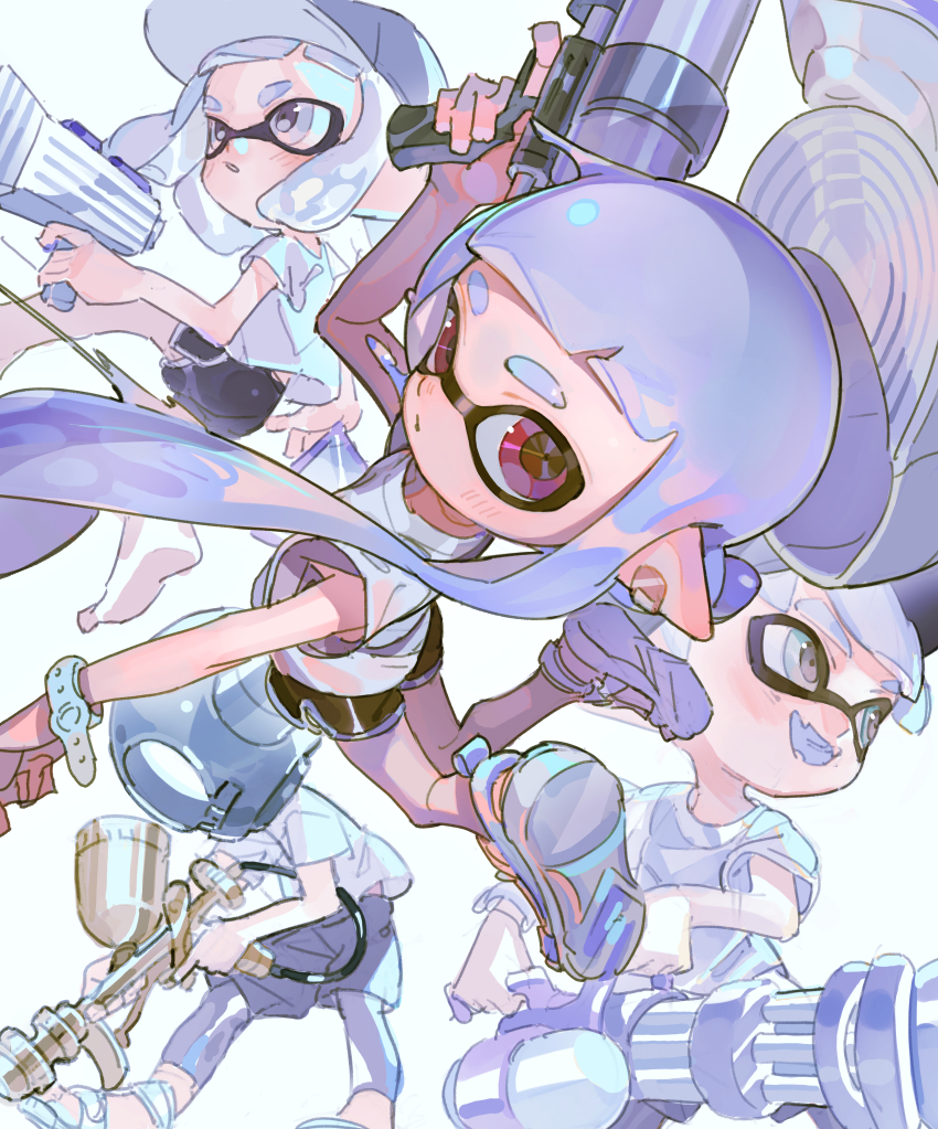 2boys, 2girls, absurdres, aerospray_(splatoon), arm_up, aspara, barefoot, baseball_cap