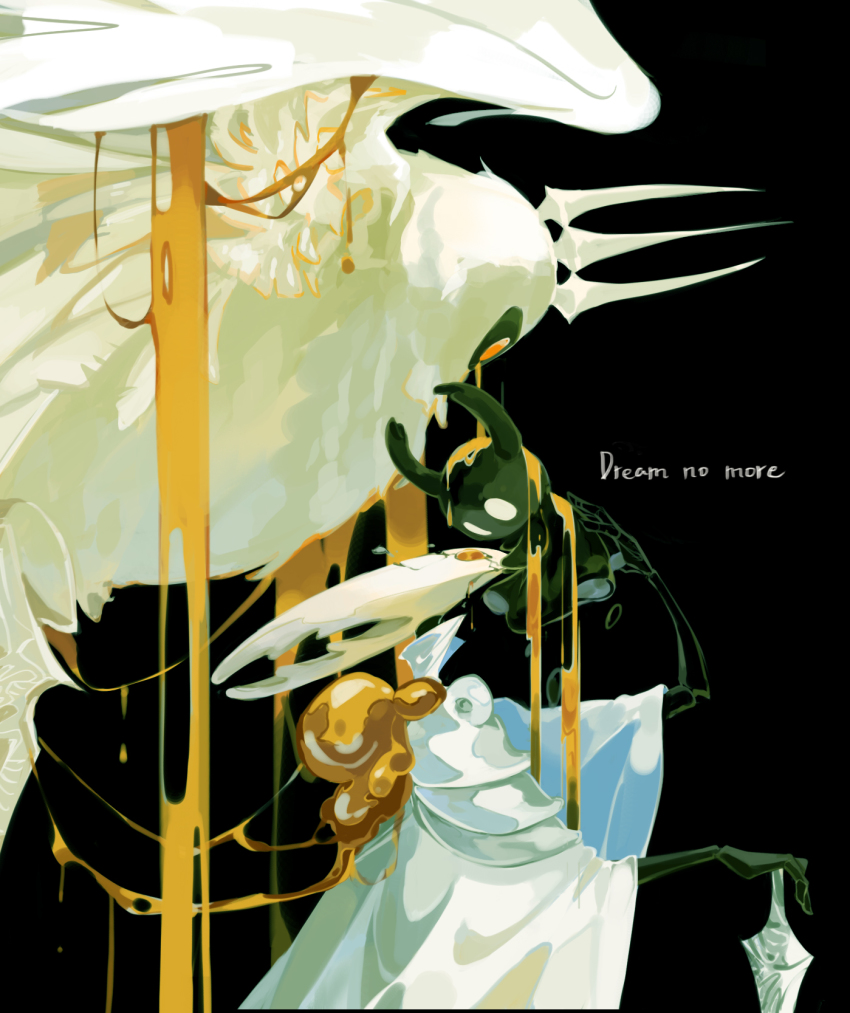 armor, black_background, blankowalski, broken_mask, bug, cape, commentary, crown