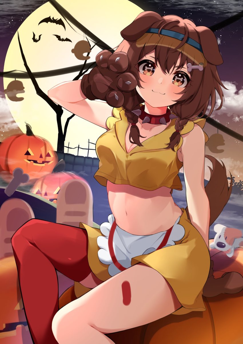 1girl, :3, animal_collar, animal_ears, animal_hands, apron, blush, bone-shaped_pupils, bone_hair_ornament, braid, brown_eyes, brown_hair, claw_pose, closed_mouth, collar, crop_top, dog_ears, dog_girl, dog_tail, doggy_god's_street, gloves, hair_between_eyes, hair_ornament, hairclip, halloween, highres, hololive, hoso-inu, inugami_korone, jack-o'-lantern, long_hair, looking_at_viewer, low_twin_braids, low_twintails, midriff, miniskirt, navel, paw_gloves, pumpkin, red_collar, red_thighhighs, single_thighhigh, sitting, skirt, smile, solo, spiked_collar, spikes, symbol-shaped_pupils, tail, takumin_dx, tank_top, thighhighs, twin_braids, twintails, v-shaped_eyebrows, virtual_youtuber, visor_cap, waist_apron, white_apron, yellow_skirt, yellow_tank_top, yubi_yubi_(inugami_korone)