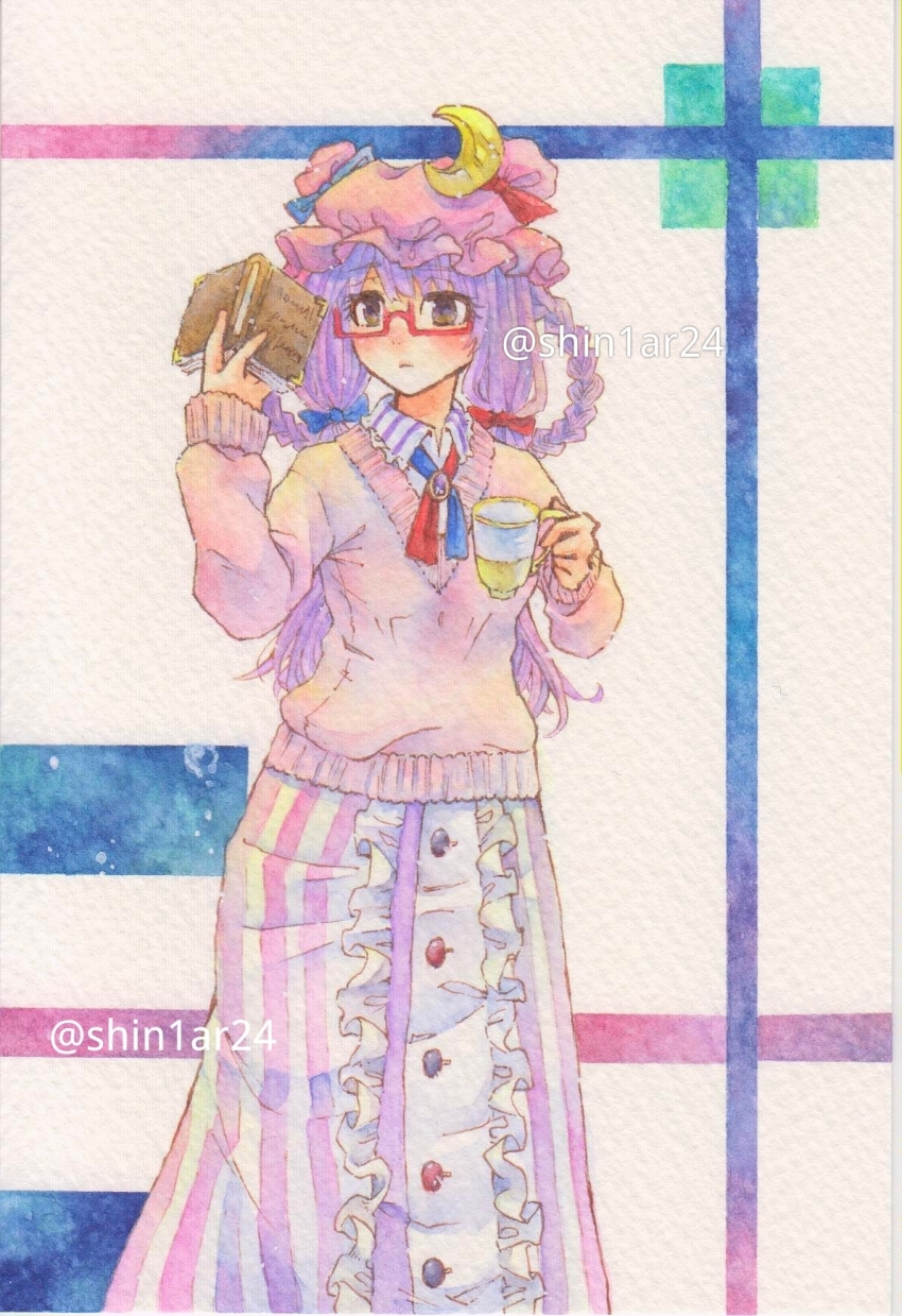 1girl, blue_bow, book, bow, braid, brown_eyes, center_frills, crescent