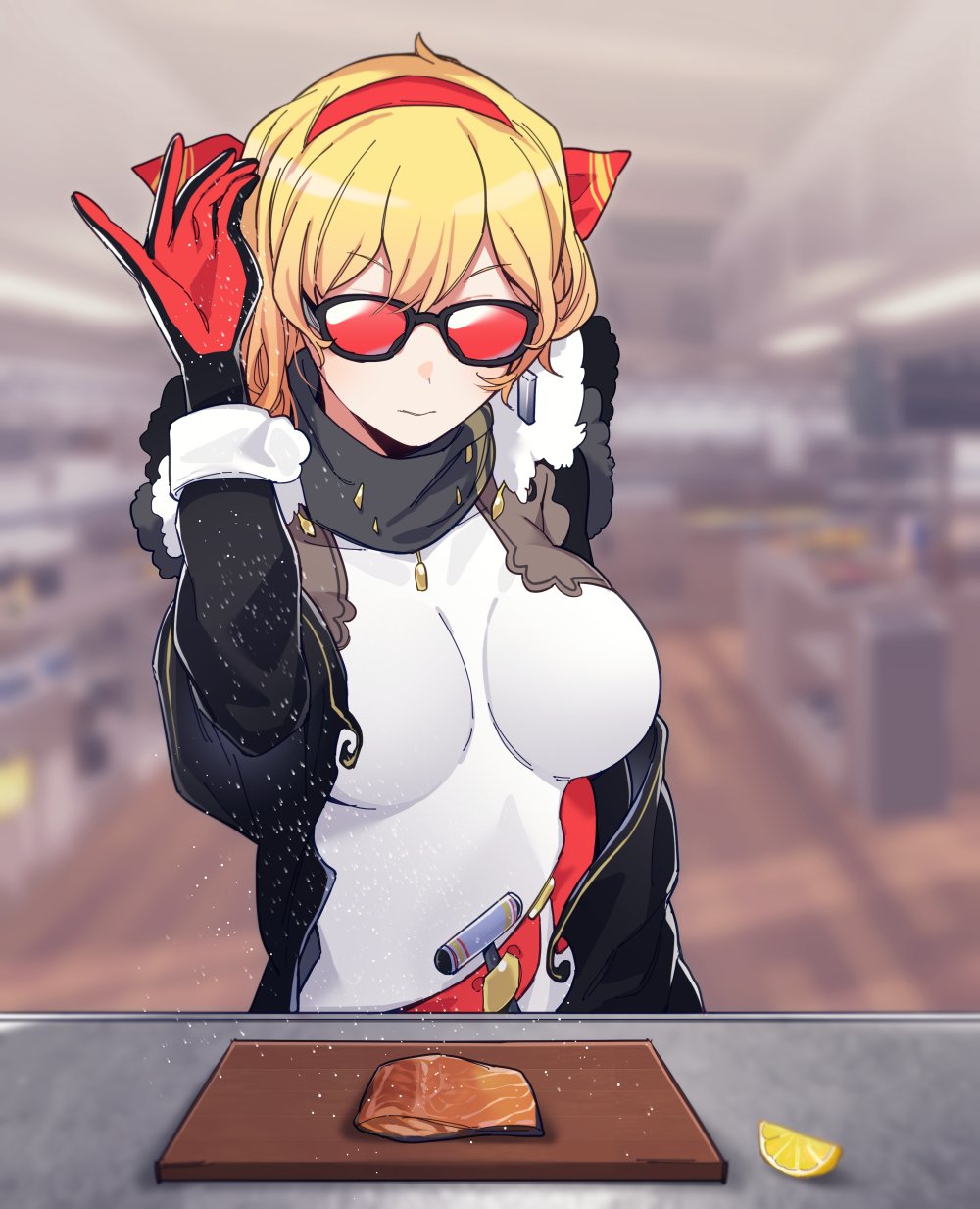 1girl, asymmetrical_hair, belt, black-framed_eyewear, black_coat, black_gloves, black_scarf, blonde_hair, blurry, blurry_background, breasts, closed_mouth, coat, commentary, cooking_simulator, cutting_board, dress, earrings, english_commentary, expressionless, food, fruit, fur_trim, glasses, gloves, hair_ribbon, hairband, hammer, highres, hololive, hololive_indonesia, indoors, jewelry, kaela_kovalskia, lemon, lemon_slice, medium_breasts, medium_hair, meme, mitsumine_(ookami_no_oyashiro), opaque_glasses, red-tinted_eyewear, red_belt, red_gloves, red_hairband, red_ribbon, ribbon, salmon, salt, salt_bae_(meme), scarf, solo, taut_clothes, taut_dress, tinted_eyewear, two-tone_gloves, upper_body, virtual_youtuber, white_dress, wrist_cuffs