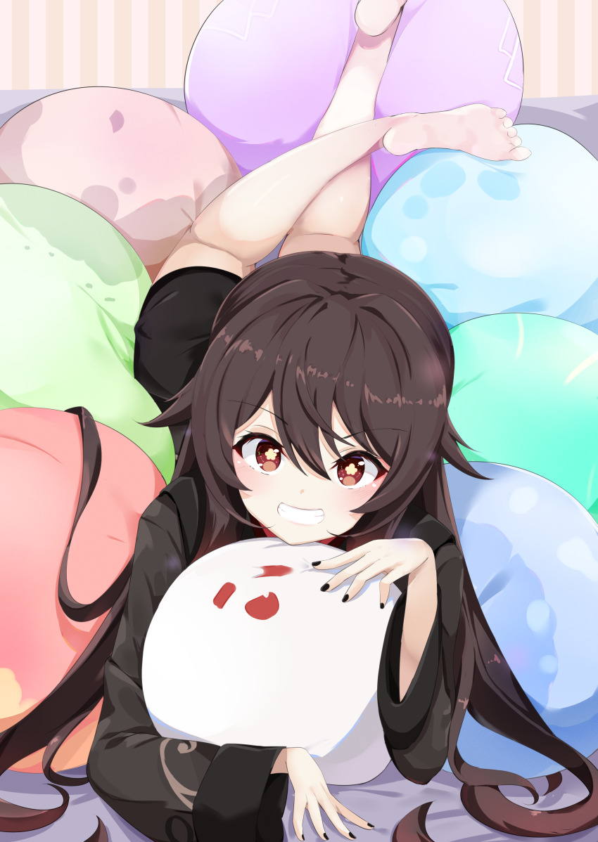 1girl, absurdres, barefoot, blush, boo_tao_(genshin_impact), brown_hair, day_mello, feet, feet_up, genshin_impact, highres, hu_tao_(genshin_impact), hugging_object, long_hair, long_sleeves, looking_at_viewer, lying, nail_polish, on_stomach, pillow, pillow_hug, red_eyes, shorts, smile, soles, teeth, the_pose, toes, twintails