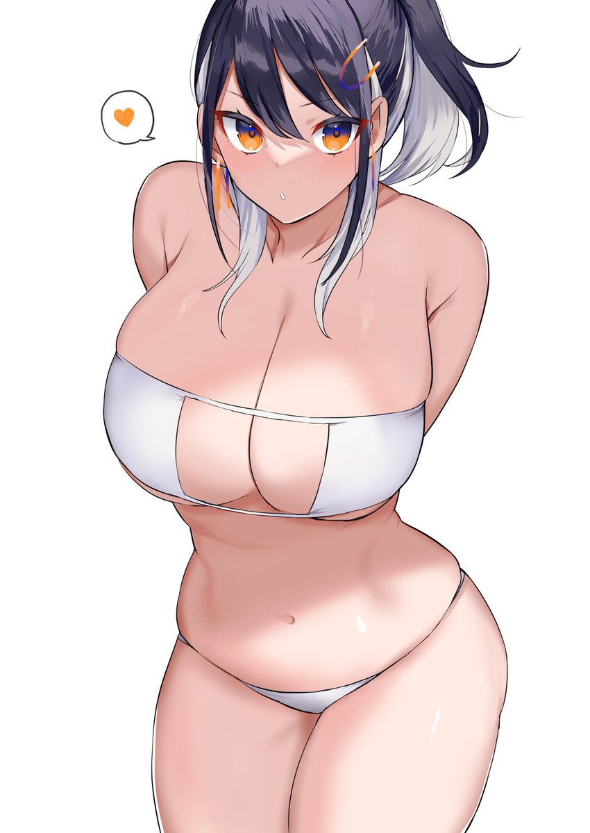 1girl, arms_behind_back, bare_shoulders, bikini, black_hair, blush, breasts, cleavage, collarbone, colored_inner_hair, eyepatch_bikini, grey_hair, hair_ornament, hairclip, heart, highres, indie_virtual_youtuber, large_breasts, looking_at_viewer, medium_hair, multicolored_hair, navel, orange_eyes, ponytail, shirasu_(mashiro_(rikuya)), shirasu_uni, short_ponytail, sidelocks, solo, spoken_heart, swept_bangs, swimsuit, thighs, virtual_youtuber, white_bikini