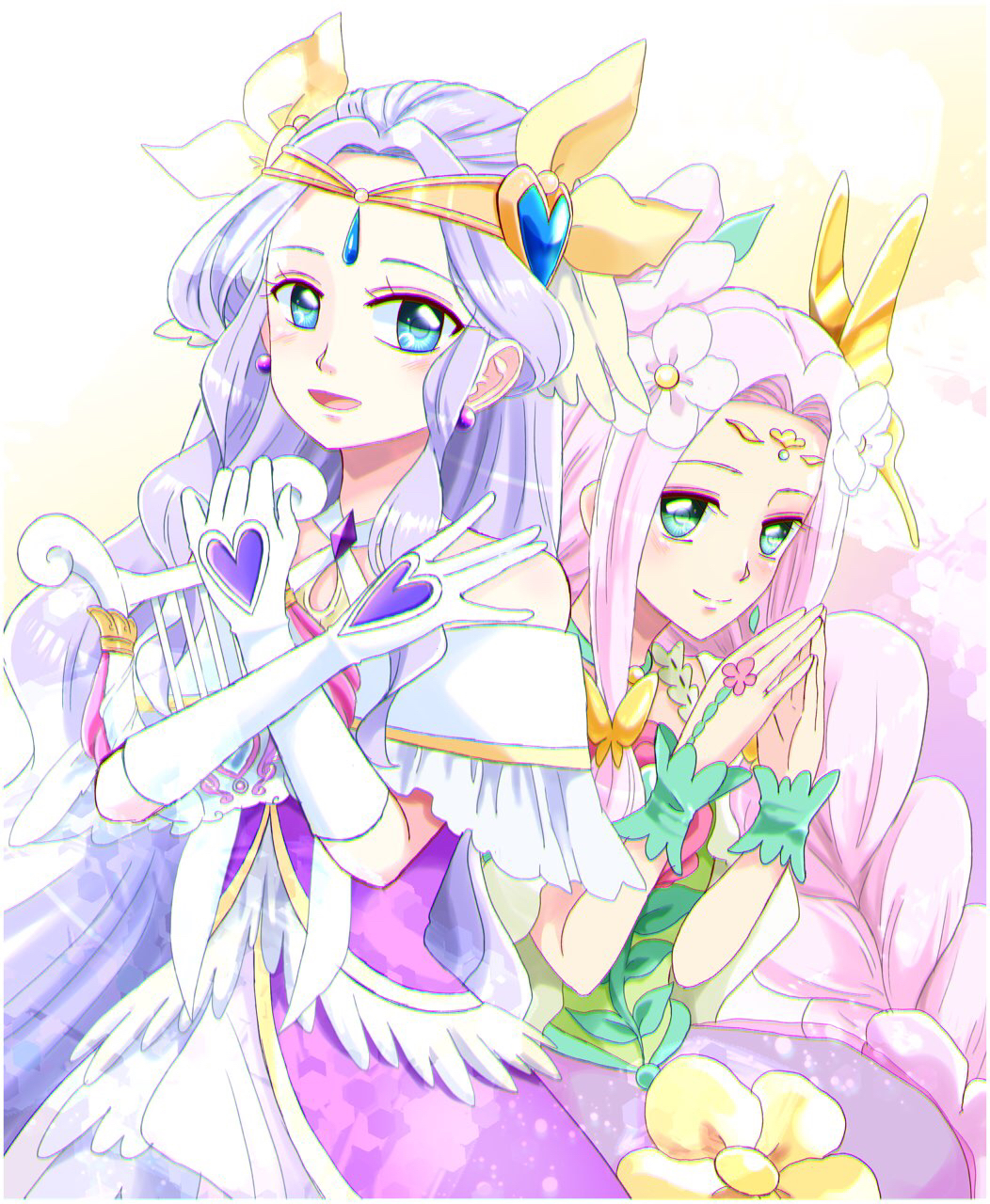 2girls, butterfly_hair_ornament, choker, cure_earth, cure_felice, dress, earrings, earth_windy_harp