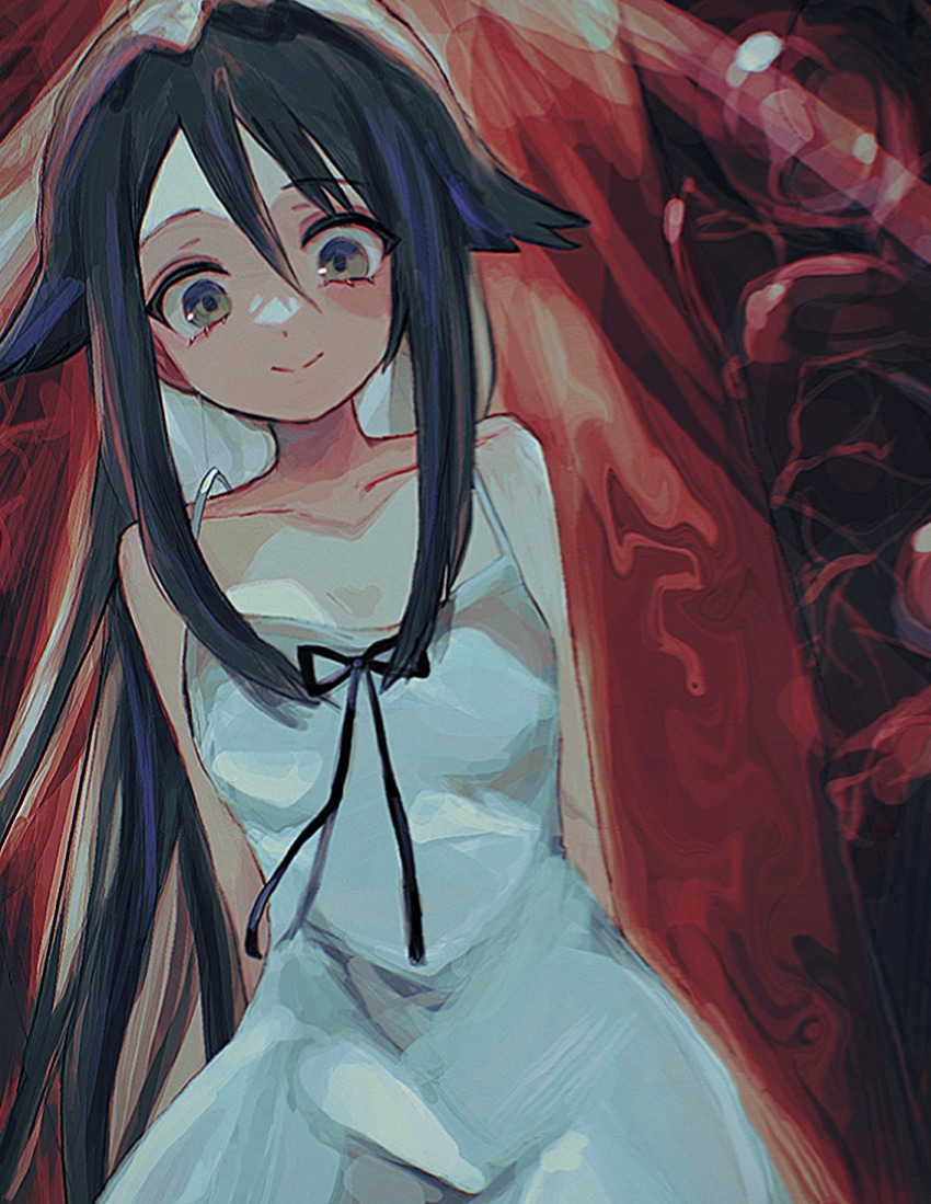 1girl, arms_behind_back, black_hair, blurry, blurry_background, closed_mouth, dress, flat_chest