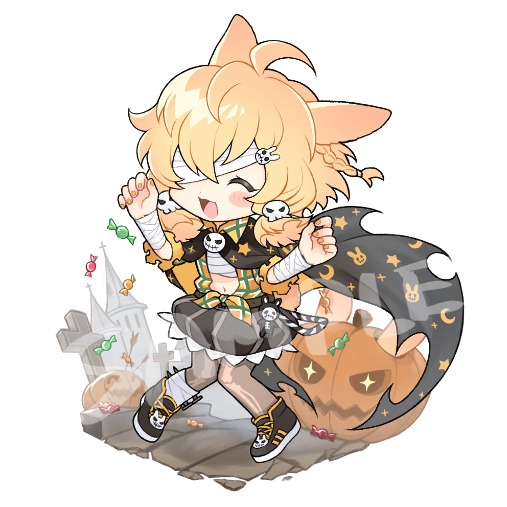 1girl, :d, ^_^, ahoge, animal_ears, arknights, bandage_over_one_eye, bandaged_arm