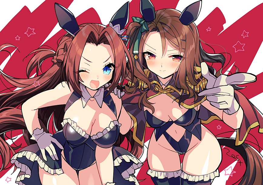 2girls, alternate_costume, animal_ears, black_thighhighs, blush, breasts, commentary_request, gloves