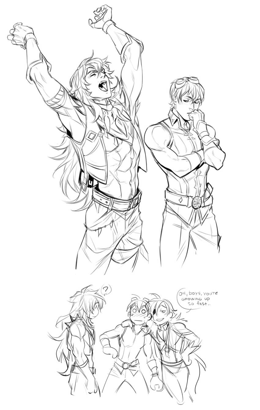 aged_up, bennett_(genshin_impact), cropped_legs, english_text, eyepatch, genshin_impact, greyscale, highres, kaeya_(genshin_impact), kaysd999, long_hair, monochrome, razor_(genshin_impact), speech_bubble