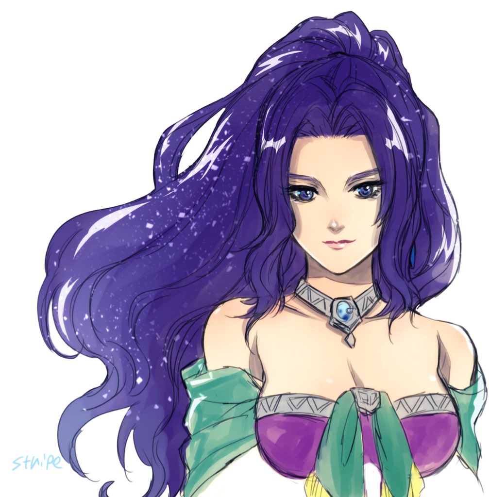 1girl, artist_name, bare_shoulders, blue_eyes, breasts, choker, cleavage, closed_mouth, jewelry, long_hair, looking_at_viewer, mavelle_froessen, ponytail, simple_background, solo, star_ocean, star_ocean:_first_departure, stripe335, white_background