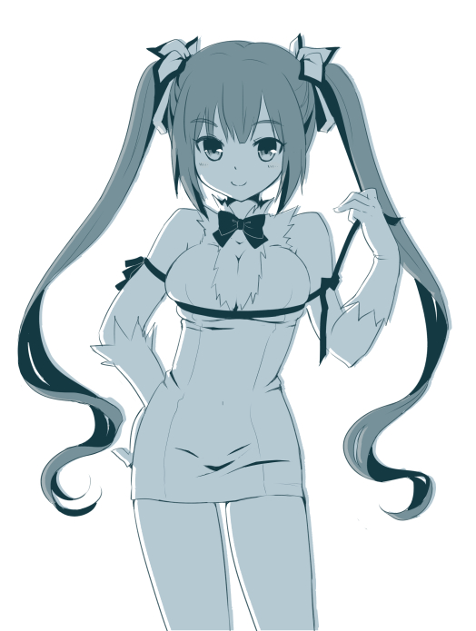 1girl, blue_theme, bow, dungeon_ni_deai_wo_motomeru_no_wa_machigatteiru_darou_ka, gloves, hand_on_own_hip, hestia_(danmachi), koshikawa_guu