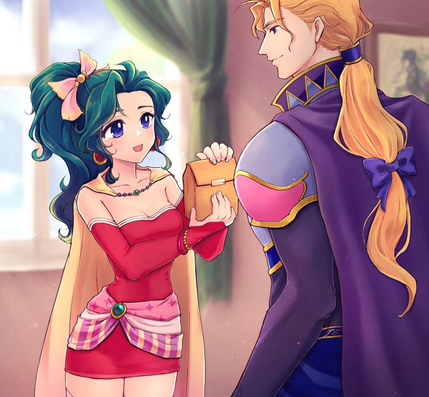 1boy, 1girl, armor, bag, bare_shoulders, bead_bracelet, beads, blonde_hair