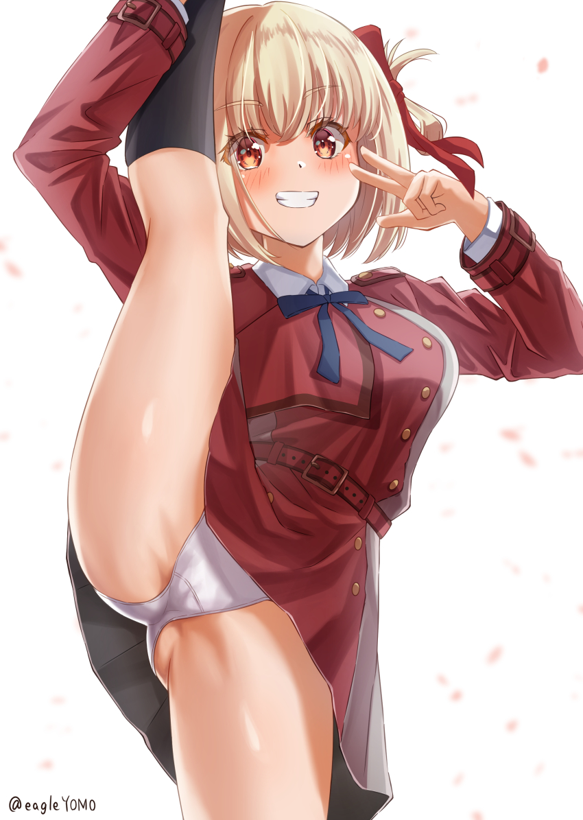 1girl, absurdres, black_socks, blonde_hair, dress, hair_ornament, highres, leg_lift, looking_at_viewer, lycoris_recoil, lycoris_uniform, nishikigi_chisato, panties, red_eyes, short_hair, smile, socks, solo, split, standing, standing_on_one_leg, standing_split, two-tone_dress, two-tone_skirt, underwear, v, watermark, white_panties, white_socks, yomo