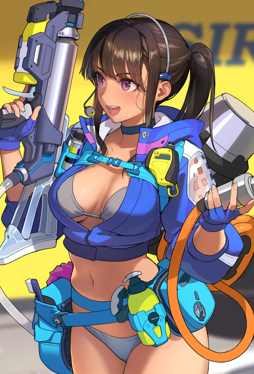 1girl, absurdres, ameno_tetsuo, blue_gloves, blue_jacket, breasts, brown_hair, cleavage, copyright_request, fingerless_gloves, fingernails, gloves, gun, highres, holding, holding_gun, holding_weapon, jacket, looking_to_the_side, medium_breasts, navel, open_mouth, panties, ponytail, purple_eyes, short_hair, sidelocks, smile, solo, teeth, underwear, weapon, white_panties