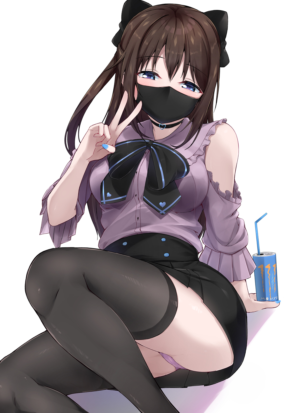 1girl, bare_shoulders, black_bow, black_choker, black_mask, black_skirt, black_thighhighs, blue_eyes