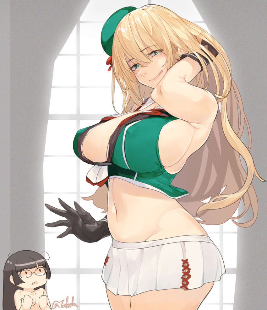 2girls, atago_(kancolle), black_gloves, blonde_hair, blue_eyes, breast_envy, breasts, choukai_(kancolle)