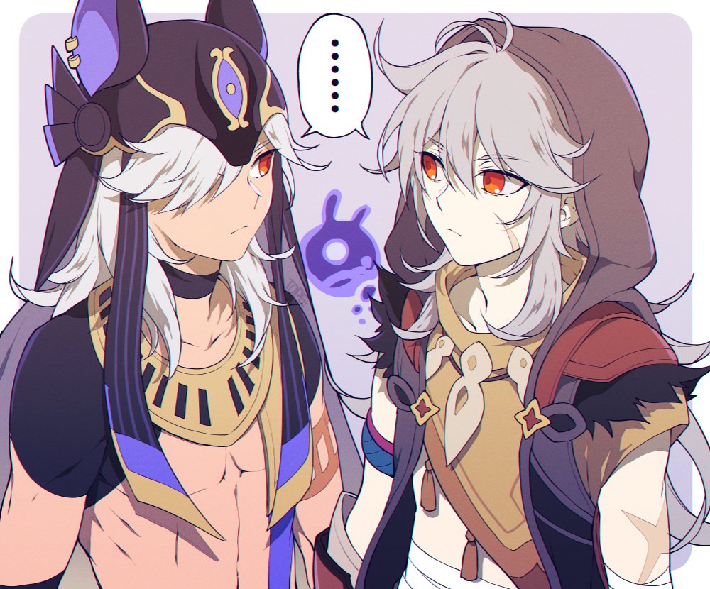 ..., 2boys, ahoge, ancient_egyptian_clothes, animal_ears, animal_hat, animal_hood, arabian_clothes