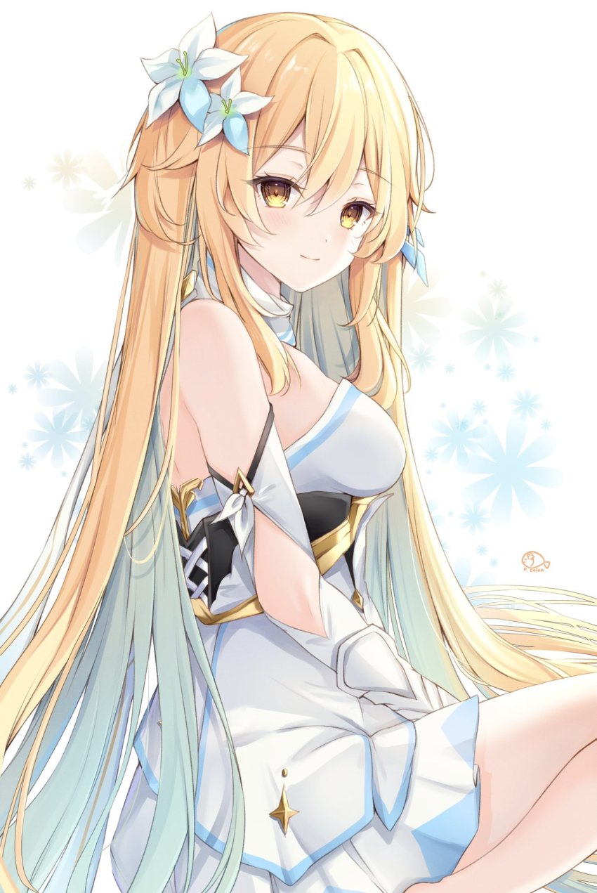 1girl, alternate_hair_length, alternate_hairstyle, bare_shoulders, blonde_hair, blue_flower, blush, breasts, closed_mouth, commentary_request, corset, detached_sleeves, dress, feather_hair_ornament, feathers, floral_background, flower, from_side, genshin_impact, gold, gradient_flower, grey_flower, hair_between_eyes, hair_flower, hair_ornament, hair_spread_out, highres, kiri_celea, lily_(flower), long_hair, long_sleeves, looking_at_viewer, lumine_(genshin_impact), medium_breasts, scarf, sidelocks, sitting, smile, solo, star_(symbol), white_background, white_dress, white_flower, white_scarf, wide_sleeves, yellow_eyes, yellow_flower