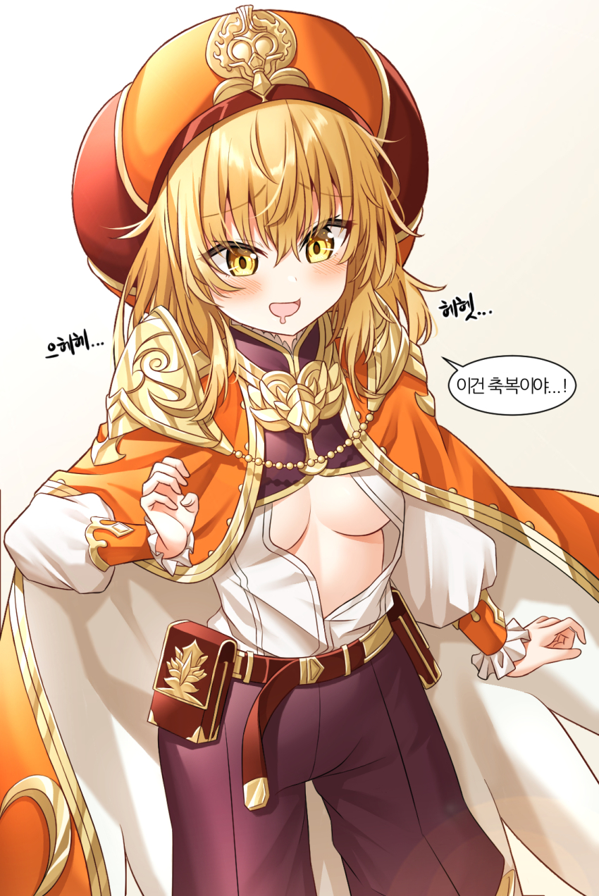 belt, blonde_hair, blush, breasts, brown_pants, cape, genderswap, genderswap_(mtf)