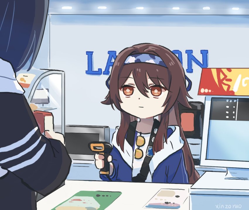 2girls, barcode_scanner, blue_hairband, blue_jacket, brown_hair, camouflage, camouflage_hairband, commentary