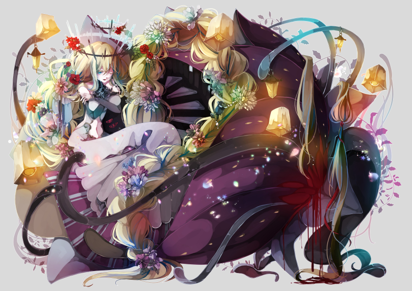 1girl, ;d, absurdly_long_hair, ambiguous_red_liquid, arm_warmers, bellflower, blonde_hair, blue_eyes